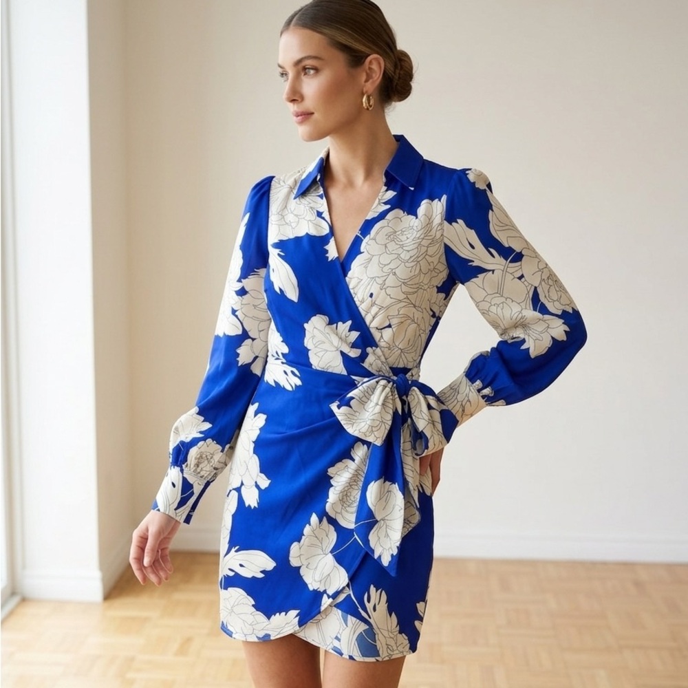 Luxxel Royal Blue and White Floral Wrap Dress